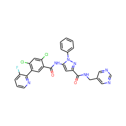 O=C(NCc1cncnc1)c1cc(NC(=O)c2cc(-c3ncccc3F)c(Cl)cc2Cl)n(-c2ccccc2)n1 ZINC001772619002