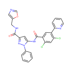 O=C(NCc1cnco1)c1cc(NC(=O)c2cc(-c3ccccn3)c(Cl)cc2Cl)n(-c2ccccc2)n1 ZINC001772640038