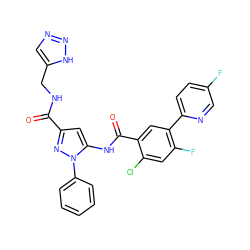 O=C(NCc1cnn[nH]1)c1cc(NC(=O)c2cc(-c3ccc(F)cn3)c(F)cc2Cl)n(-c2ccccc2)n1 ZINC001772647028