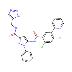 O=C(NCc1cnn[nH]1)c1cc(NC(=O)c2cc(-c3ccccn3)c(Cl)cc2Cl)n(-c2ccccc2)n1 ZINC001772602153