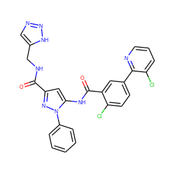 O=C(NCc1cnn[nH]1)c1cc(NC(=O)c2cc(-c3ncccc3Cl)ccc2Cl)n(-c2ccccc2)n1 ZINC001772589919