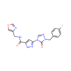 O=C(NCc1cocn1)c1cc(-n2cnn(Cc3ccc(F)cc3)c2=O)n[nH]1 ZINC000150015335