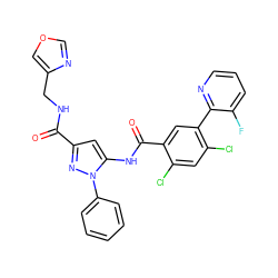 O=C(NCc1cocn1)c1cc(NC(=O)c2cc(-c3ncccc3F)c(Cl)cc2Cl)n(-c2ccccc2)n1 ZINC001772634115