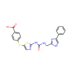 O=C(NCc1nc(-c2ccccc2)c[nH]1)Nc1ncc(Sc2ccc(C(=O)O)cc2)s1 ZINC000028864102