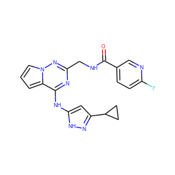 O=C(NCc1nc(Nc2cc(C3CC3)n[nH]2)c2cccn2n1)c1ccc(F)nc1 ZINC000058591398