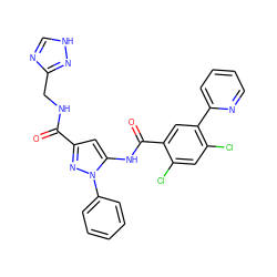 O=C(NCc1nc[nH]n1)c1cc(NC(=O)c2cc(-c3ccccn3)c(Cl)cc2Cl)n(-c2ccccc2)n1 ZINC001772633539