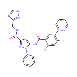 O=C(NCc1nc[nH]n1)c1cc(NC(=O)c2cc(-c3ccccn3)c(F)cc2Cl)n(-c2ccccc2)n1 ZINC001772592134