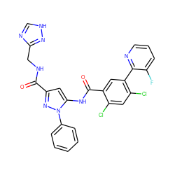 O=C(NCc1nc[nH]n1)c1cc(NC(=O)c2cc(-c3ncccc3F)c(Cl)cc2Cl)n(-c2ccccc2)n1 ZINC001772642330