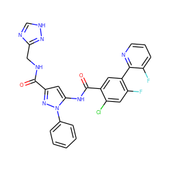 O=C(NCc1nc[nH]n1)c1cc(NC(=O)c2cc(-c3ncccc3F)c(F)cc2Cl)n(-c2ccccc2)n1 ZINC001772592449