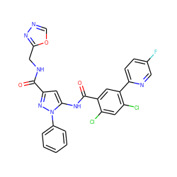 O=C(NCc1nnco1)c1cc(NC(=O)c2cc(-c3ccc(F)cn3)c(Cl)cc2Cl)n(-c2ccccc2)n1 ZINC001772581814