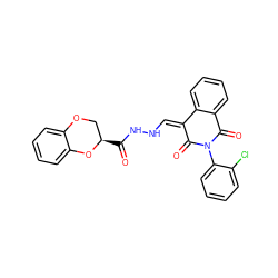 O=C(NN/C=C1\C(=O)N(c2ccccc2Cl)C(=O)c2ccccc21)[C@@H]1COc2ccccc2O1 ZINC000008692202