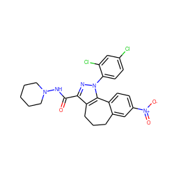 O=C(NN1CCCCC1)c1nn(-c2ccc(Cl)cc2Cl)c2c1CCCc1cc([N+](=O)[O-])ccc1-2 ZINC000038804334