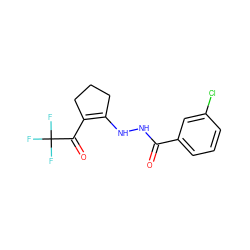 O=C(NNC1=C(C(=O)C(F)(F)F)CCC1)c1cccc(Cl)c1 ZINC000004812107