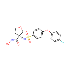 O=C(NO)[C@@]1(NS(=O)(=O)c2ccc(Oc3ccc(F)cc3)cc2)CCOC1 ZINC000000602985
