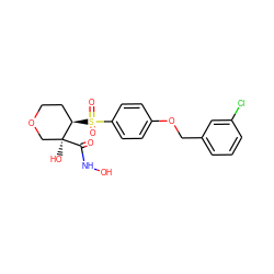 O=C(NO)[C@@]1(O)COCC[C@H]1S(=O)(=O)c1ccc(OCc2cccc(Cl)c2)cc1 ZINC000000592993