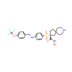 O=C(NO)[C@@]1(S(=O)(=O)c2ccc(NCc3ccc(OC(F)(F)F)cc3)cc2)CCC2(CCNCC2)C1 ZINC000299861625