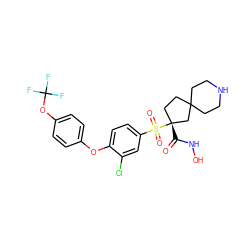 O=C(NO)[C@@]1(S(=O)(=O)c2ccc(Oc3ccc(OC(F)(F)F)cc3)c(Cl)c2)CCC2(CCNCC2)C1 ZINC000299862012