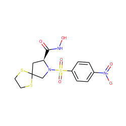 O=C(NO)[C@@H]1CC2(CN1S(=O)(=O)c1ccc([N+](=O)[O-])cc1)SCCS2 ZINC000103249742