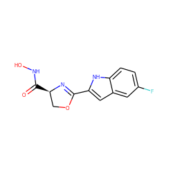 O=C(NO)[C@@H]1COC(c2cc3cc(F)ccc3[nH]2)=N1 ZINC000013474940