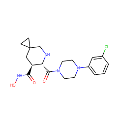 O=C(NO)[C@H]1CC2(CC2)CN[C@@H]1C(=O)N1CCN(c2cccc(Cl)c2)CC1 ZINC000029037963