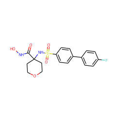 O=C(NO)C1(NS(=O)(=O)c2ccc(-c3ccc(F)cc3)cc2)CCOCC1 ZINC000001483839