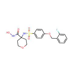 O=C(NO)C1(NS(=O)(=O)c2ccc(OCc3ccccc3F)cc2)CCOCC1 ZINC000027074001