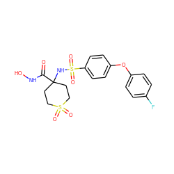 O=C(NO)C1(NS(=O)(=O)c2ccc(Oc3ccc(F)cc3)cc2)CCS(=O)(=O)CC1 ZINC000026997683