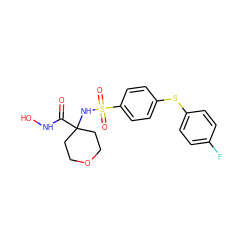 O=C(NO)C1(NS(=O)(=O)c2ccc(Sc3ccc(F)cc3)cc2)CCOCC1 ZINC000026994928