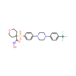 O=C(NO)C1(S(=O)(=O)c2ccc(N3CCN(c4ccc(C(F)(F)F)cc4)CC3)cc2)CCOCC1 ZINC000049035309