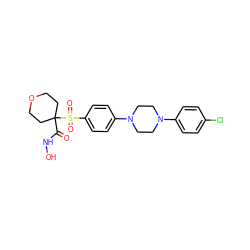 O=C(NO)C1(S(=O)(=O)c2ccc(N3CCN(c4ccc(Cl)cc4)CC3)cc2)CCOCC1 ZINC000049035031