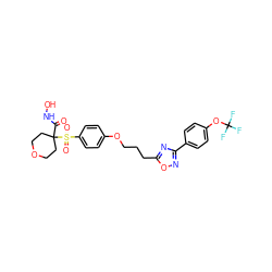 O=C(NO)C1(S(=O)(=O)c2ccc(OCCCc3nc(-c4ccc(OC(F)(F)F)cc4)no3)cc2)CCOCC1 ZINC000071340444