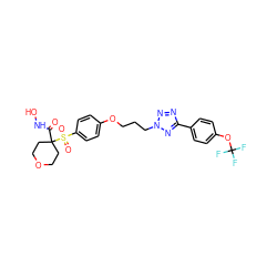 O=C(NO)C1(S(=O)(=O)c2ccc(OCCCn3nnc(-c4ccc(OC(F)(F)F)cc4)n3)cc2)CCOCC1 ZINC000071341721