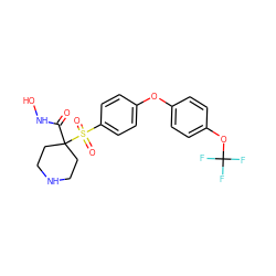 O=C(NO)C1(S(=O)(=O)c2ccc(Oc3ccc(OC(F)(F)F)cc3)cc2)CCNCC1 ZINC000072109242