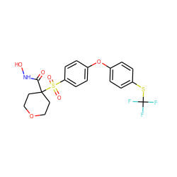 O=C(NO)C1(S(=O)(=O)c2ccc(Oc3ccc(SC(F)(F)F)cc3)cc2)CCOCC1 ZINC000072110235