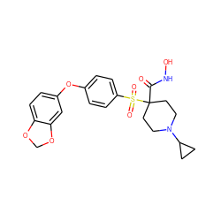 O=C(NO)C1(S(=O)(=O)c2ccc(Oc3ccc4c(c3)OCO4)cc2)CCN(C2CC2)CC1 ZINC000072108900