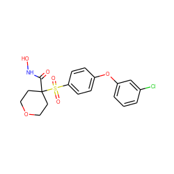 O=C(NO)C1(S(=O)(=O)c2ccc(Oc3cccc(Cl)c3)cc2)CCOCC1 ZINC000072111260