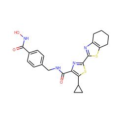 O=C(NO)c1ccc(CNC(=O)c2nc(-c3nc4c(s3)CCCC4)sc2C2CC2)cc1 ZINC000147369684