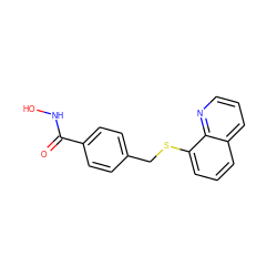 O=C(NO)c1ccc(CSc2cccc3cccnc23)cc1 ZINC001772584304