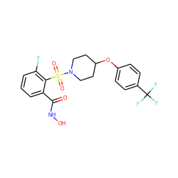 O=C(NO)c1cccc(F)c1S(=O)(=O)N1CCC(Oc2ccc(C(F)(F)F)cc2)CC1 ZINC000095589613