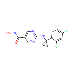 O=C(NO)c1cnc(NC2(c3ccc(F)cc3Cl)CC2)nc1 ZINC000166694694