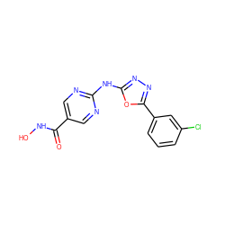 O=C(NO)c1cnc(Nc2nnc(-c3cccc(Cl)c3)o2)nc1 ZINC000072126865