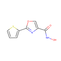 O=C(NO)c1coc(-c2cccs2)n1 ZINC000653704177