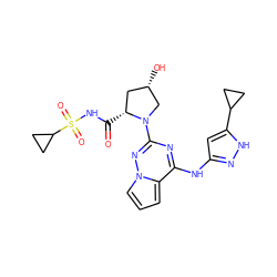 O=C(NS(=O)(=O)C1CC1)[C@@H]1C[C@H](O)CN1c1nc(Nc2cc(C3CC3)[nH]n2)c2cccn2n1 ZINC000143268513