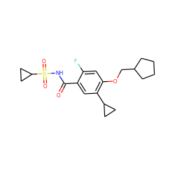 O=C(NS(=O)(=O)C1CC1)c1cc(C2CC2)c(OCC2CCCC2)cc1F ZINC000216252495