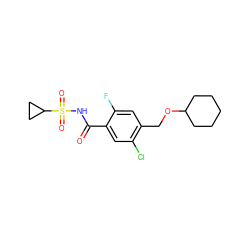 O=C(NS(=O)(=O)C1CC1)c1cc(Cl)c(COC2CCCCC2)cc1F ZINC000261176352