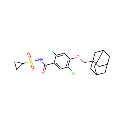 O=C(NS(=O)(=O)C1CC1)c1cc(Cl)c(OCC23CC4CC(CC(C4)C2)C3)cc1F ZINC000216202907