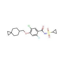 O=C(NS(=O)(=O)C1CC1)c1cc(Cl)c(OCC2CCC3(CC2)CC3)cc1F ZINC000216243867