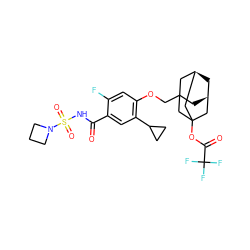 O=C(NS(=O)(=O)N1CCC1)c1cc(C2CC2)c(OCC23C[C@@H]4C[C@H](C2)CC(OC(=O)C(F)(F)F)(C4)C3)cc1F ZINC000216245996
