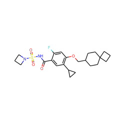 O=C(NS(=O)(=O)N1CCC1)c1cc(C2CC2)c(OCC2CCC3(CCC3)CC2)cc1F ZINC000216239932