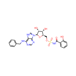 O=C(NS(=O)(=O)OC[C@H]1O[C@@H]([n+]2c[nH]c3c(NCc4ccccc4)ncnc32)[C@H](O)[C@@H]1O)c1ccccc1O ZINC000377811553